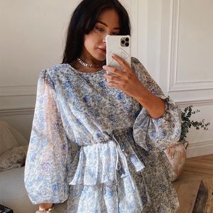LORNA LUXE BLUE 'LUCIA' FLORAL BALLOON SLEEVE TIERED SMOCK DRESS IN THE STYLE